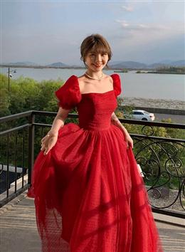 Picture of Pretty Red Color Short Sleeves Tulle Prom Dresses Party Dresses, Red Color Evening Gown Formal Dress